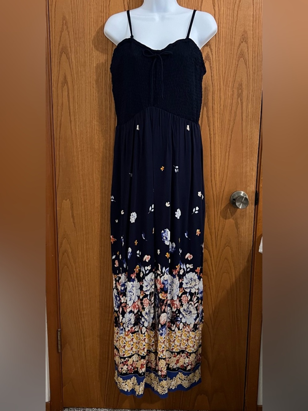 Dark Navy Floral Maxi jumpsuit with Smocked Bodice, Side Pockets NWOT